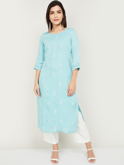

Melange by Lifestyle Women Blue Floral Embroidered Thread Work Kurta