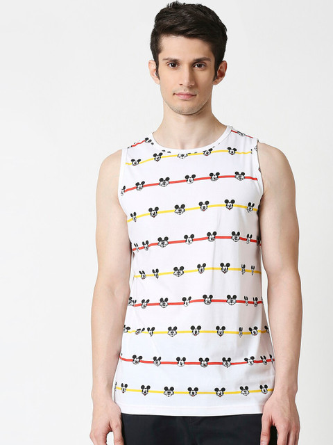 

Bewakoof Men White & Black Printed Pure Cotton Mickey AOP Gym Vest