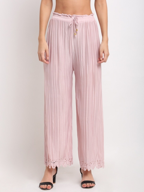 

NEUDIS Women Pink Laser Cut Bottom Detail Wide Leg Palazzos