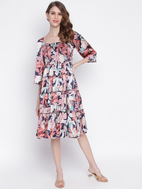 

INIESTA White And Blue Floral Printed Smocked Tiered Midi Dress