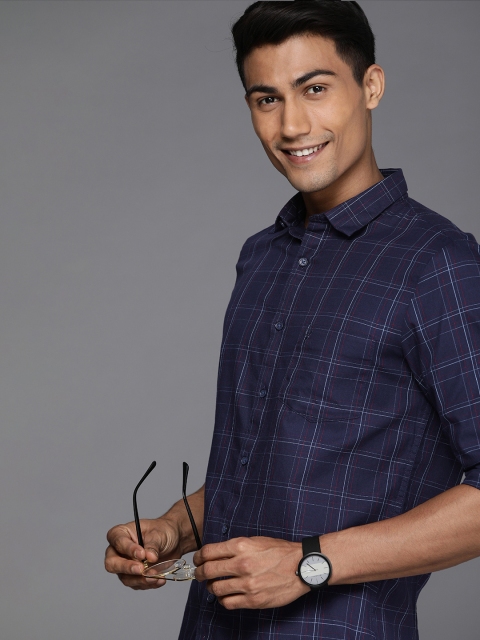 

Allen Solly Men Navy Blue Tartan Checked Slim Fit Pure Cotton Casual Shirt