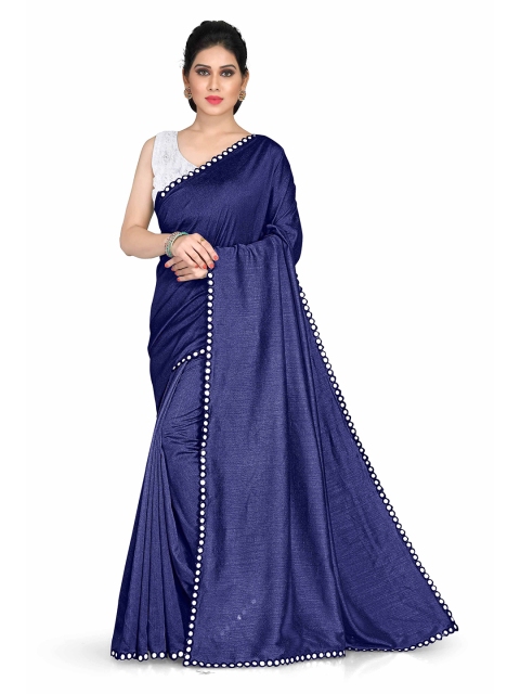 

KALINI Navy Blue & Silver-Coloured Mirror Work Silk Blend Saree