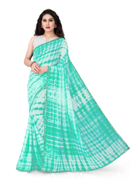 

KALINI Sea Green & Off White Tie and Dye Printed Mirror Work Saree