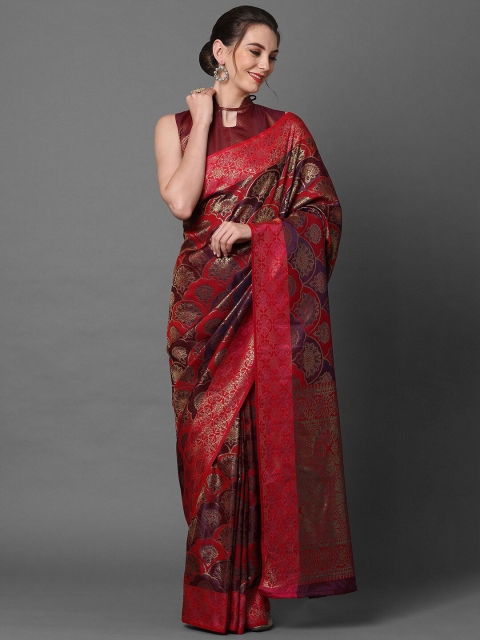 

Mitera Red & Burgundy Satin Banarasi Saree