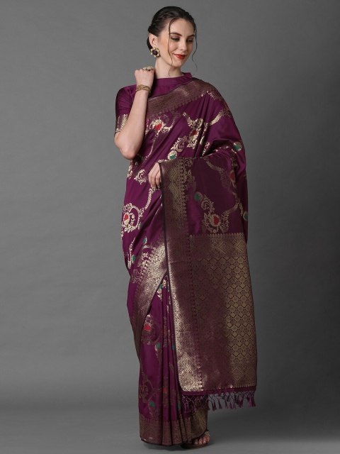 

Mitera Burgundy & Gold Ethnic Motifs Zari Silk Blend Banarasi Saree