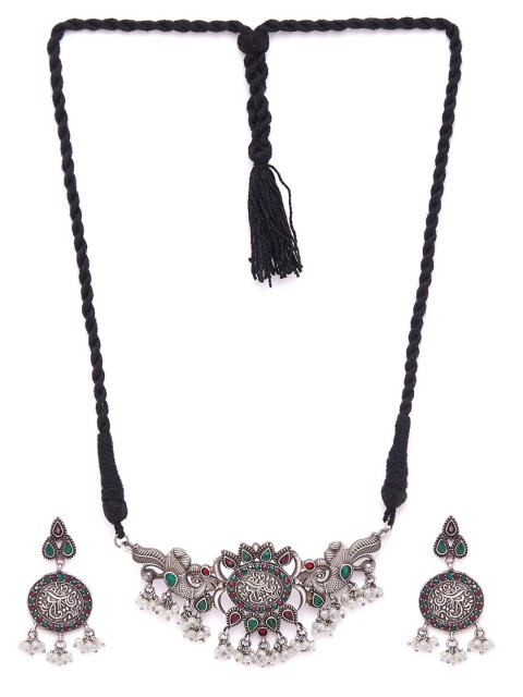 

GloBox By ZeroKaata Oxidised Silver-Plated Green & Maroon Gemstone-Studded Beaded Antique Jewellery Set