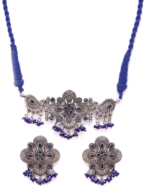 

GloBox By ZeroKaata Oxidised Silver-Plated & Blue Gemstones-Studded Antique Jewellery Set