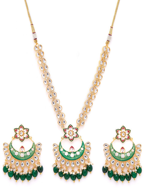 

GloBox By ZeroKaata Gold-Plated Green & White Kundan & Gemstone-Studded Beaded Handcrafted Meenakari Jewellery Set