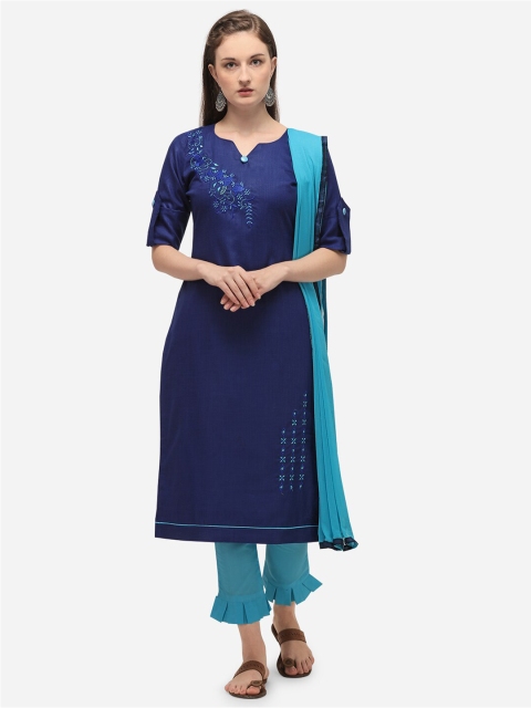 

mf Blue & Navy Blue Embroidered Pure Cotton Unstitched Dress Material