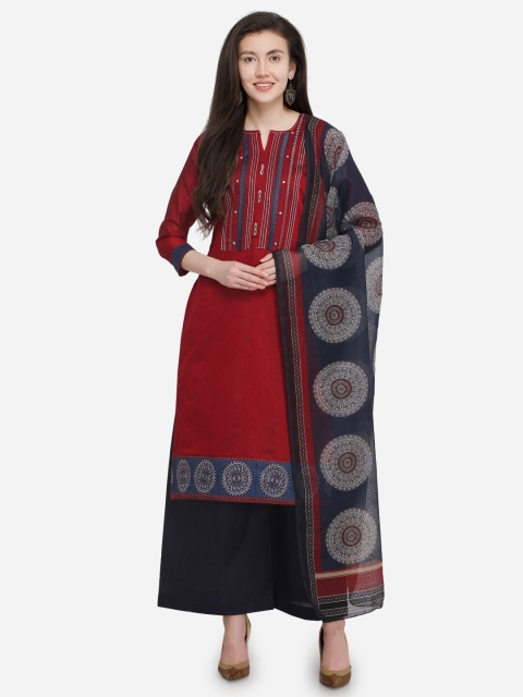 

mf Maroon & Blue Embroidered Unstitched Dress Material