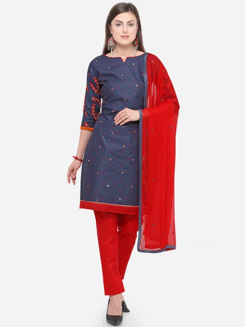 

mf Grey & Red Embroidered Pure Cotton Unstitched Dress Material