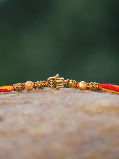 

Bigsmall Men Orange & Gold-Toned Hamsa Metallic Rakhi