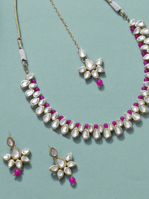 

KARATCART Gold-Plated Pink & White Kundan-Studded Beaded Jewellery Set
