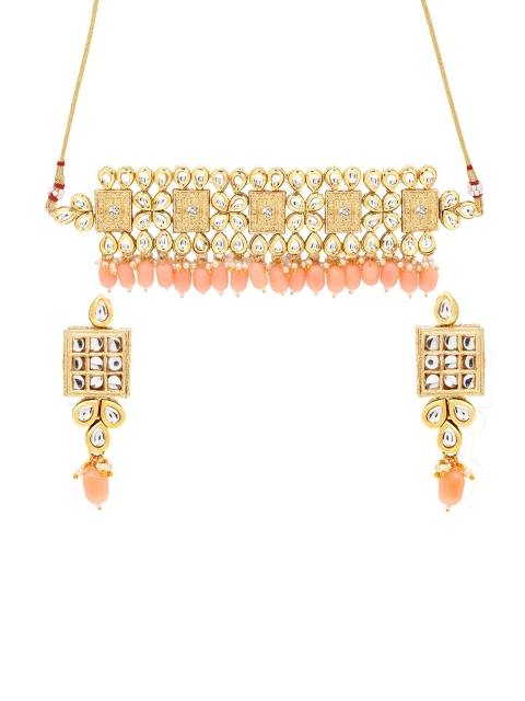 

ASMITTA JEWELLERY Gold-Plated Peach-Colored & White Kundan-Studded Jewellery Set