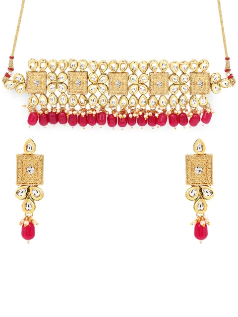 

ASMITTA JEWELLERY Gold-Plated Red & White Kundan-Studded Jewellery Set