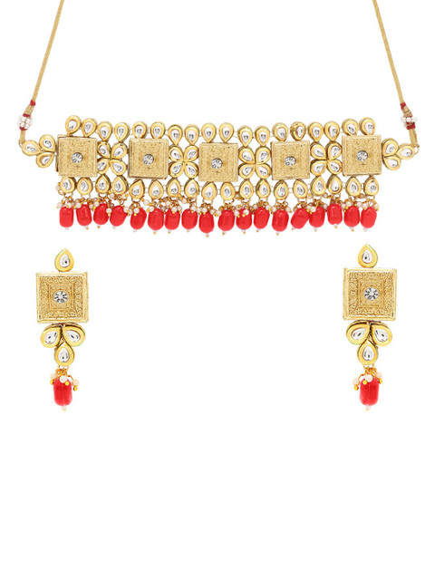 

ASMITTA JEWELLERY Gold-Plated Red & White Kundan-Studded Jewellery Set