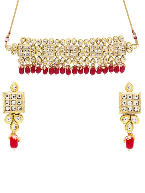 

ASMITTA JEWELLERY Gold-Plated Maroon & White Kundan-Studded Jewellery Set