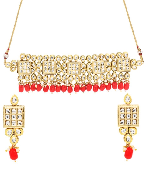 

ASMITTA JEWELLERY Gold-Plated Red & White Kundan-Studded Jewellery Set