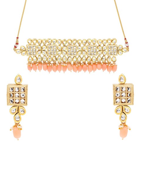 

ASMITTA JEWELLERY Gold-Plated Peach-Colored & White Kundan-Studded Jewellery Set