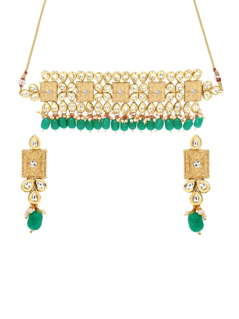 

ASMITTA JEWELLERY Gold-Plated Green & White Kundan-Studded Jewellery Set