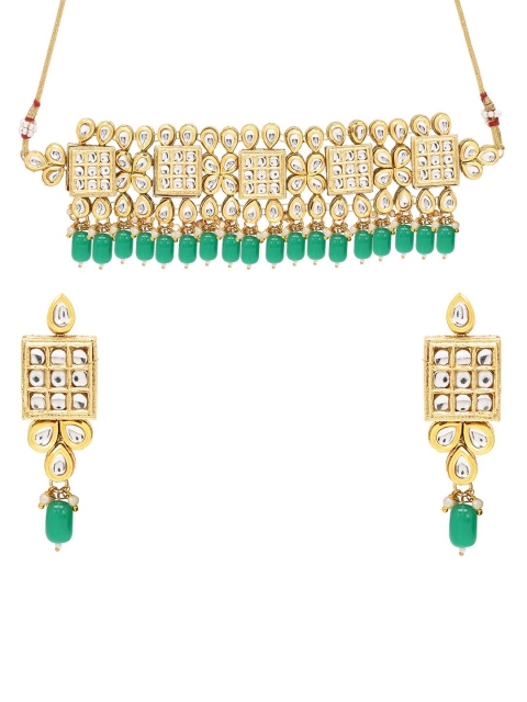 

ASMITTA JEWELLERY Gold-Plated Green & White Kundan-Studded Jewellery Set