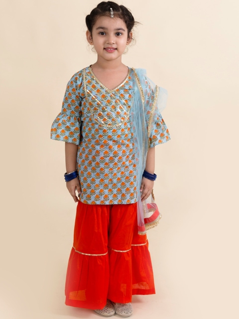 

pspeaches Girls Blue & Red Pure Cotton Kurti with Sharara & Dupatta