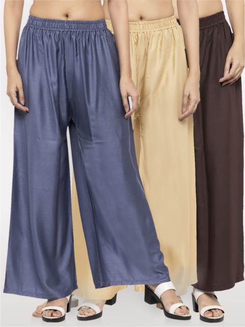 

NEUDIS Women Pack Of 3 Wide Leg Ethnic Palazzos, Beige