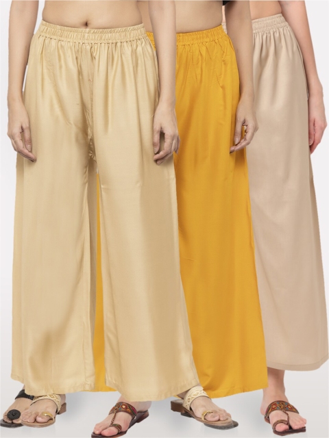 

NEUDIS Women Pack Of 3 Wide Leg Ethnic Palazzos, Beige
