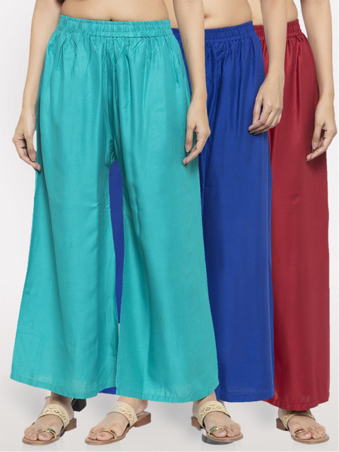 

NEUDIS Women Pack Of 3 Wide Leg Ethnic Palazzos, Teal