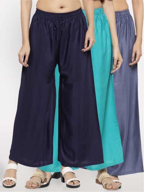 

NEUDIS Women Pack Of 3 Wide Leg Ethnic Palazzos, Navy blue