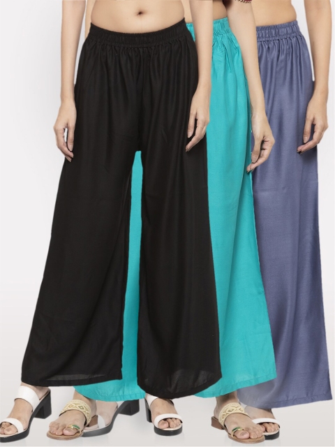 

NEUDIS Women Pack Of 3 Wide Leg Ethnic Palazzos, Black
