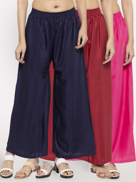 

NEUDIS Women Pack of 3 Wide Leg Ethnic Palazzos, Navy blue