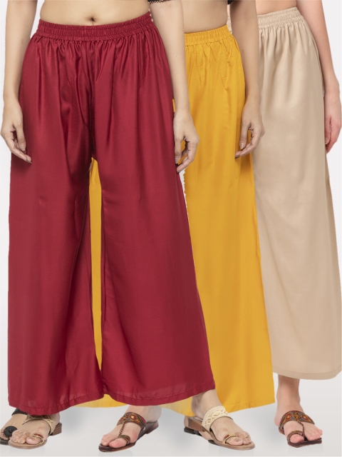 

NEUDIS Women Pack Of 3 Wide Leg Ethnic Palazzos, Maroon