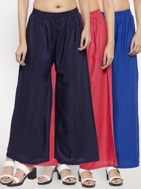 

NEUDIS Women Pack Of 3 Wide Leg Ethnic Palazzos, Navy blue