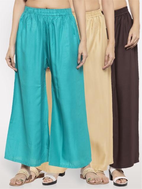 

NEUDIS Women Pack Of 3 Wide Leg Palazzos, Teal