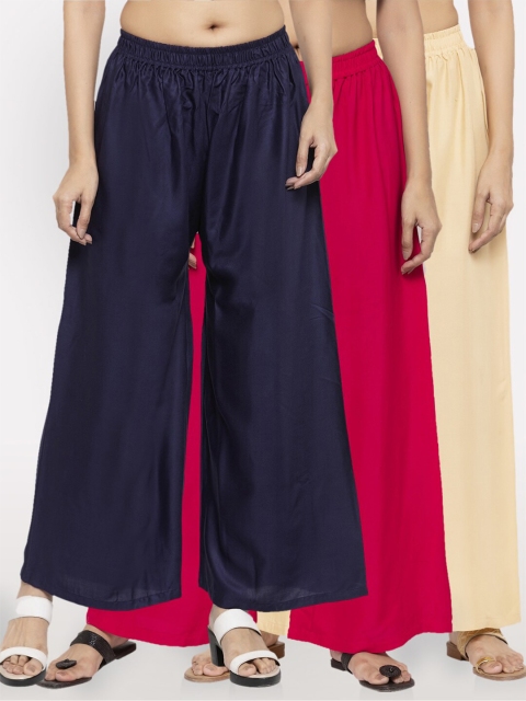 

NEUDIS Women Pack Of 3 Wide Leg Ethnic Palazzos, Navy blue