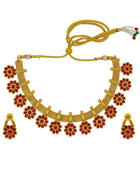 

ASMITTA JEWELLERY Gold-Plated Red Stone-Studded Jewellery Set