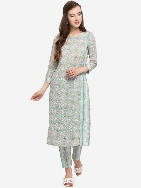 

Mesmora Women Sea Green Ethnic Motifs Printed Pure Cotton Kurti with Trousers