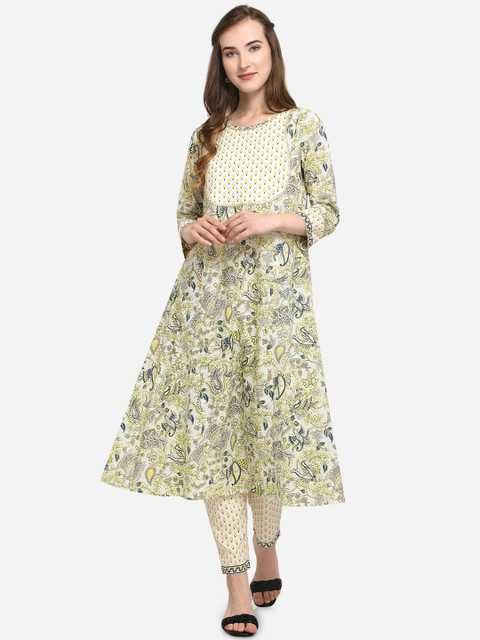 

Mesmora Women Olive Green Printed Pure Cotton Top with Trousers