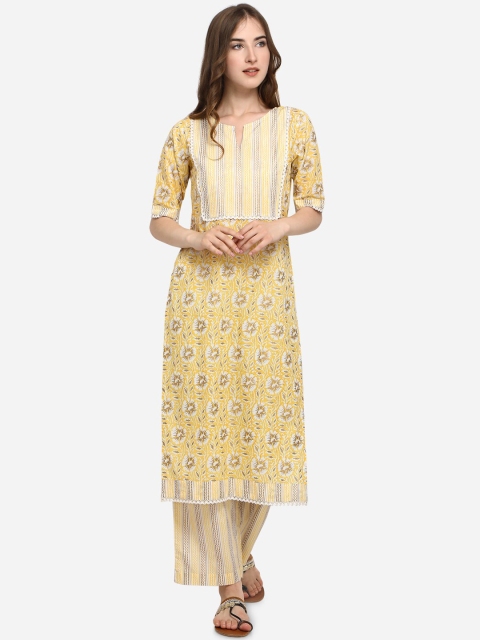 

Mesmora Women Yellow Floral Printed Pure Cotton Kurta with Palazzos