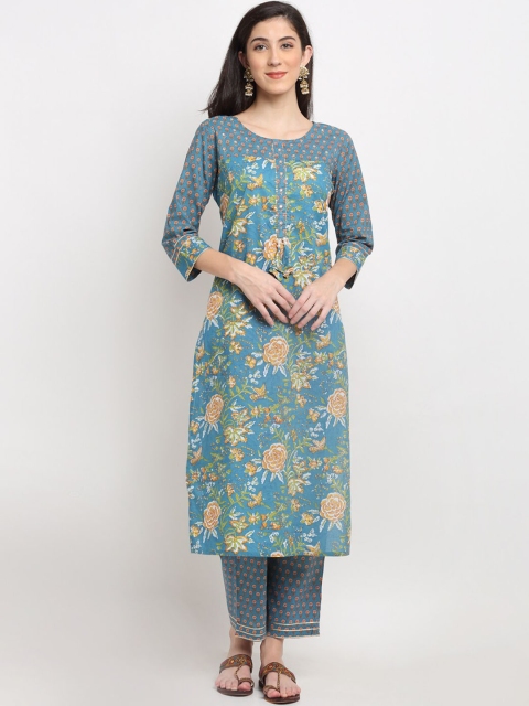 

Ardozaa Women Blue & Mustard Yellow Floral Screen Print Pure Cotton Kurta With Trousers