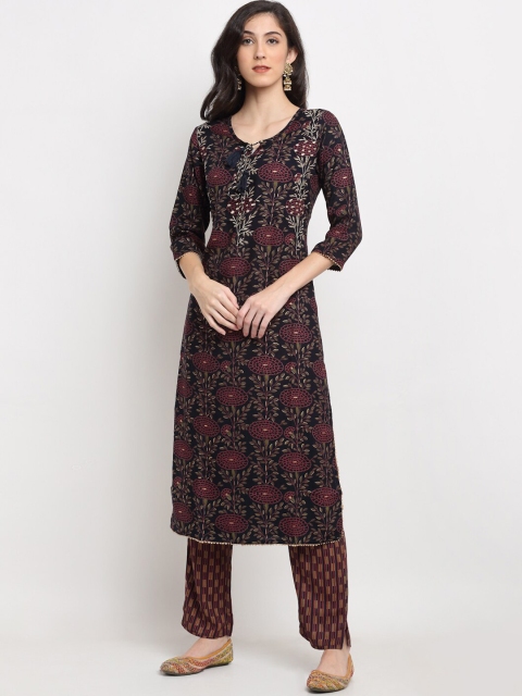 

Ardozaa Women Navy Blue Floral Foil Print Kurta with Trousers