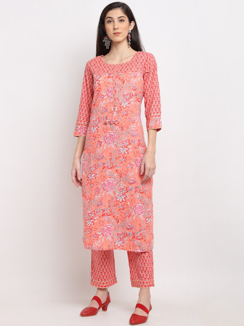 

Ardozaa Women Peach-Coloured Screen Print Pure Cotton Kurta with Trousers