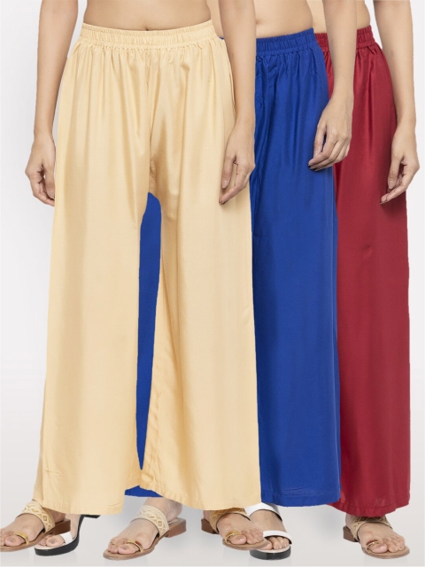 

NEUDIS Women Pack Of 3 Wide Leg Ethnic Palazzos, Beige