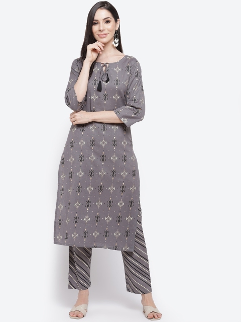 

Kurti's by Menka Women Charcoal Pure Cotton Kurta with Trousers