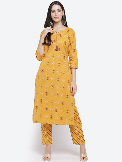 

Kurti's by Menka Women Yellow Tribal Print Pure Cotton Kurti with Trousers