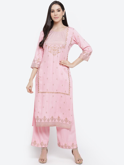 

Kurti's by Menka Women Peach & Gold Ethnic Motifs Foil Printed Kurta With Palazzos