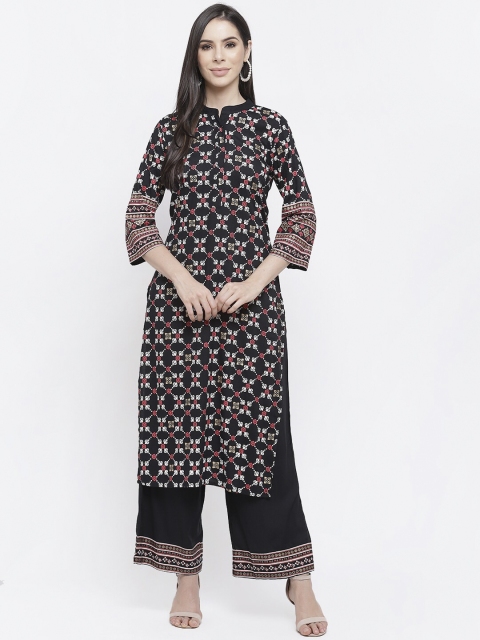 

Kurti's by Menka Women Black& Multicolor Printed Viscose Rayon Kurta with Trousers