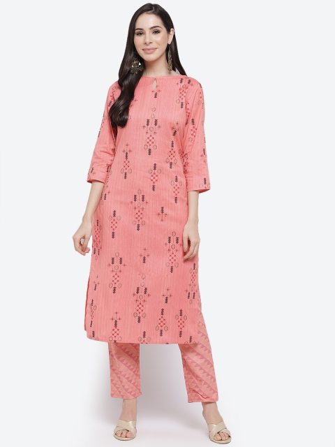 

Kurti's by Menka Women Peach Coloured Geomteric Printed Pure Cotton Kurta with Trousers