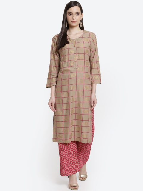 

Kurti's by Menka Women Beige & Pink Checked Kurti with Palazzos